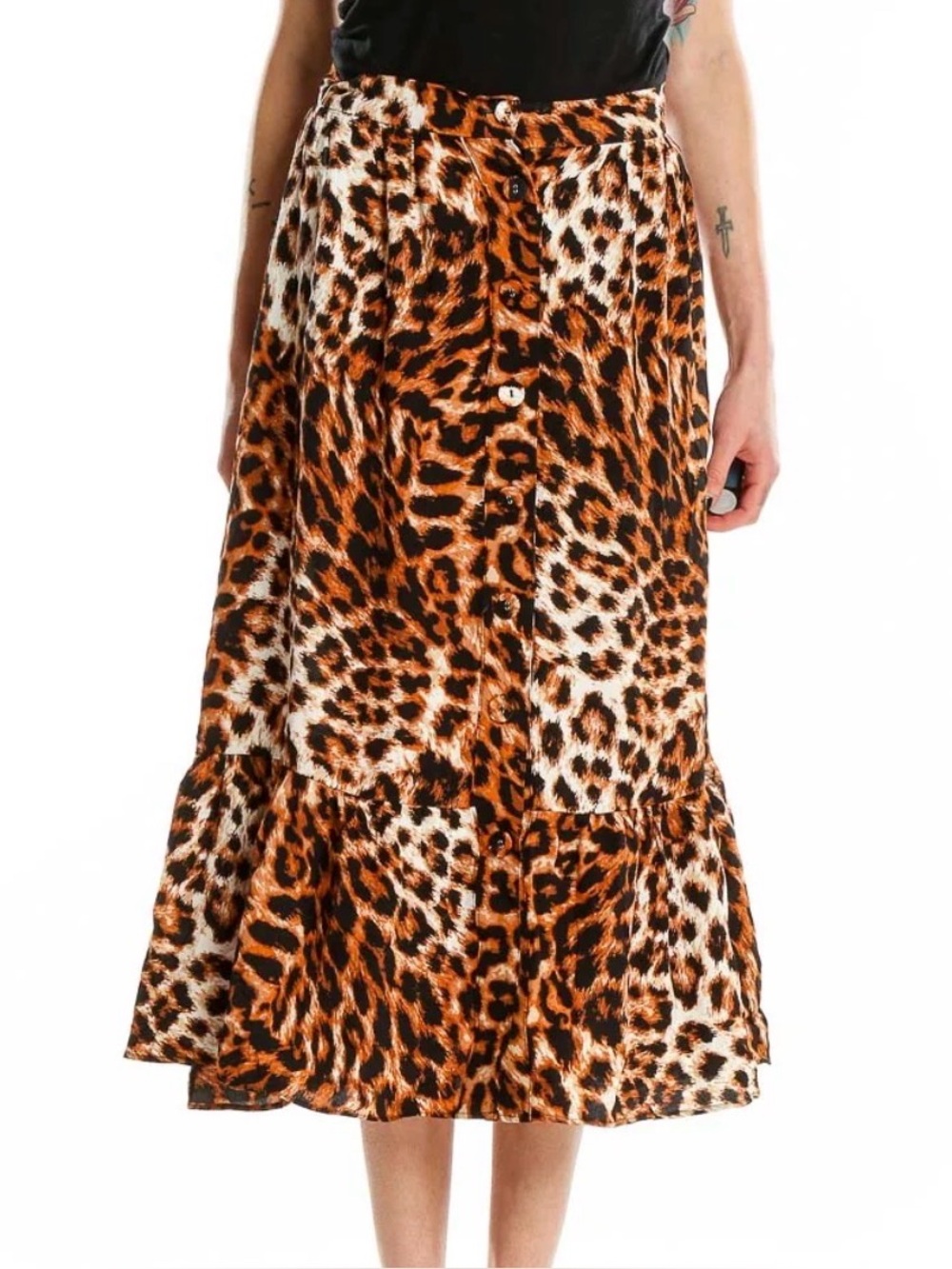 NWT -Talbots Button Front Leopard Print Midi Skirt with a Ruffled Hem-M